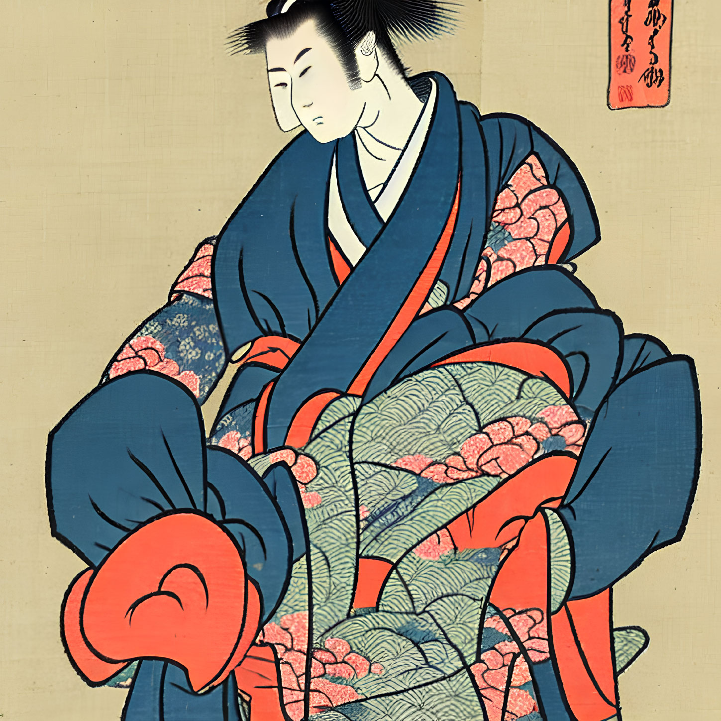 Traditional Japanese Woodblock Print of Seated Person in Vibrant Kimono