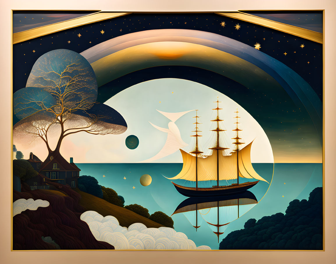 Surreal illustration of ship sailing in sky with moon, stars, tree, and house