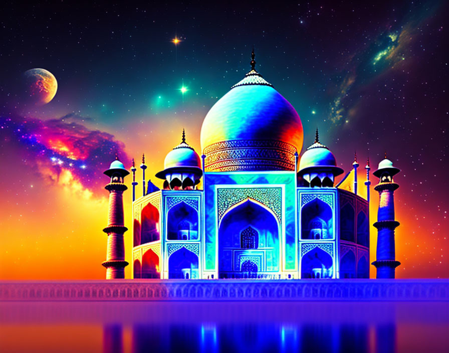 Colorful Taj Mahal illustration with starry sky and celestial bodies reflected in water