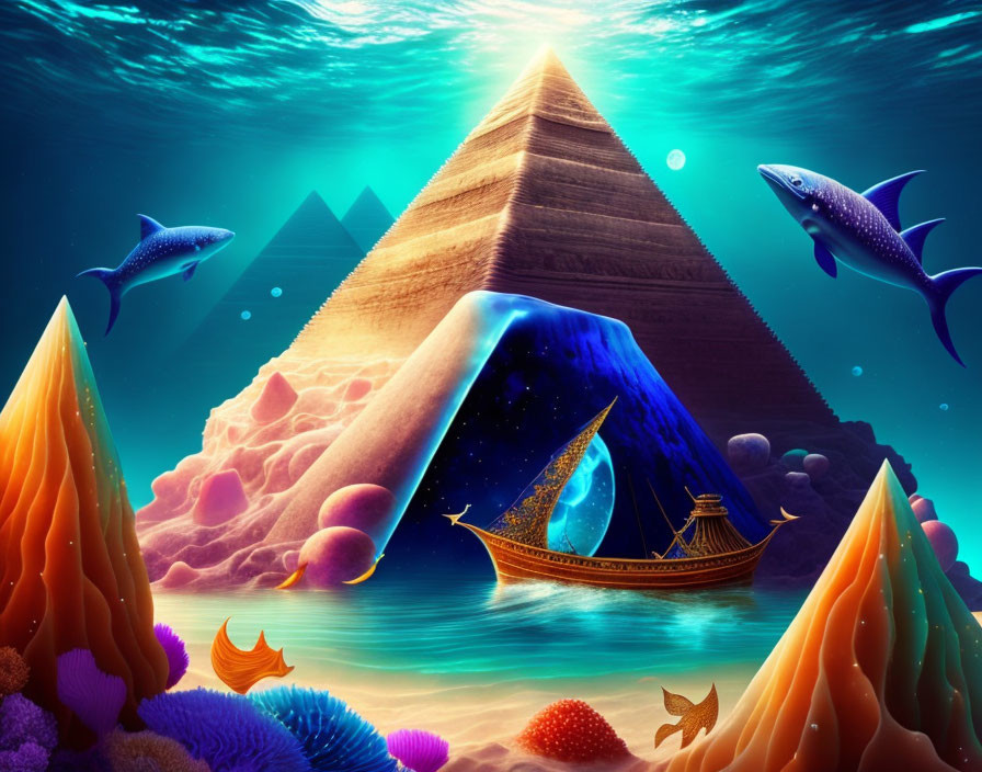 Colorful Coral, Fish, Ship, Pyramid, and Starry Night Sky Underwater