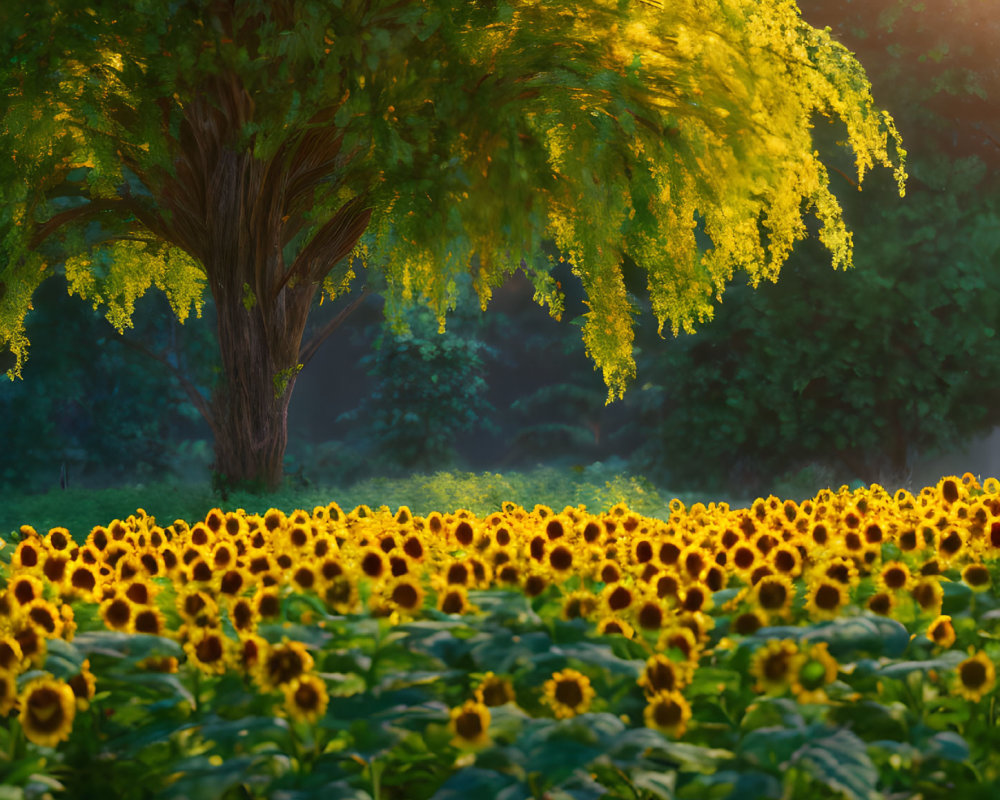 Sunlit scene with lush tree and blooming sunflowers in vibrant field