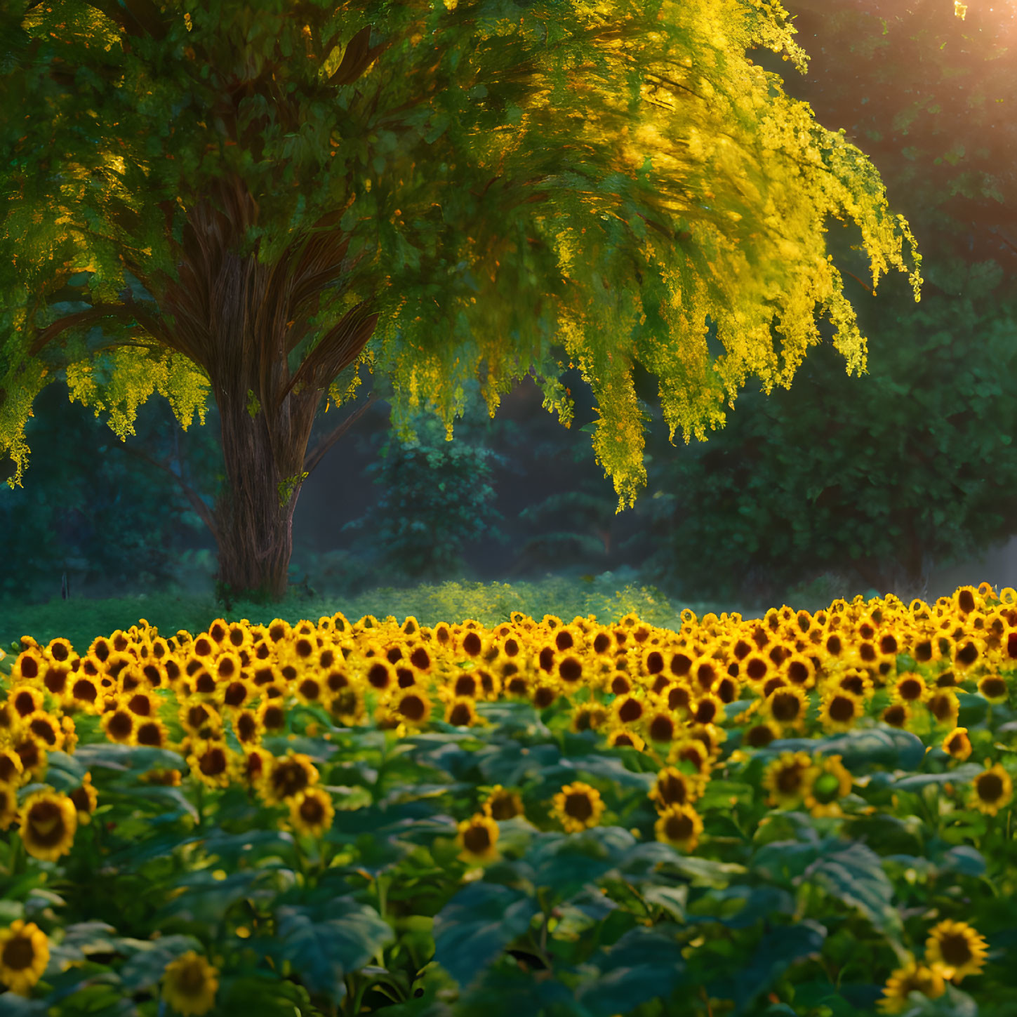 Sunlit scene with lush tree and blooming sunflowers in vibrant field