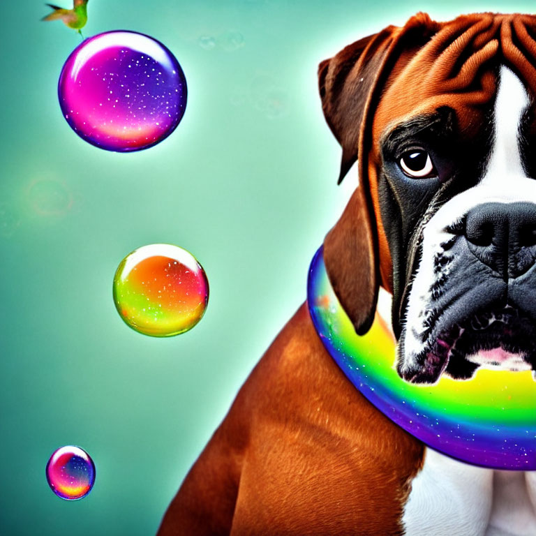 Brown and White Dog with Wrinkled Face and Rainbow Collar Surrounded by Colorful Bubbles