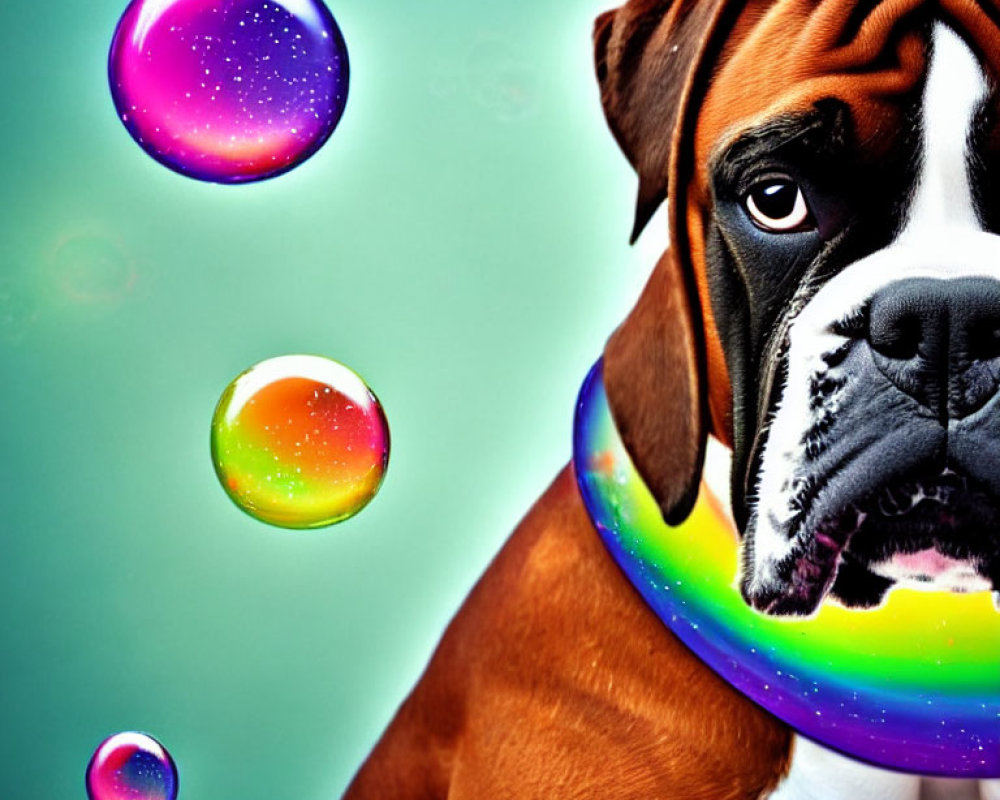 Brown and White Dog with Wrinkled Face and Rainbow Collar Surrounded by Colorful Bubbles