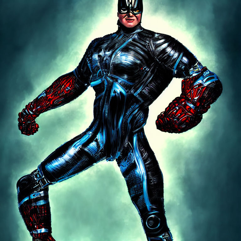 Muscular superhero in black suit with silver accents and red gauntlets on teal background