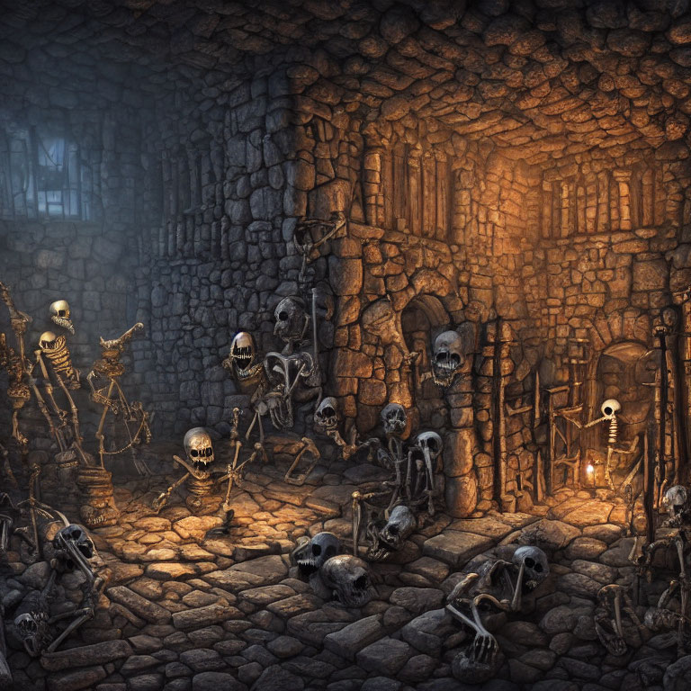 Spooky dungeon with animated skeletons, skulls, and dim torchlight