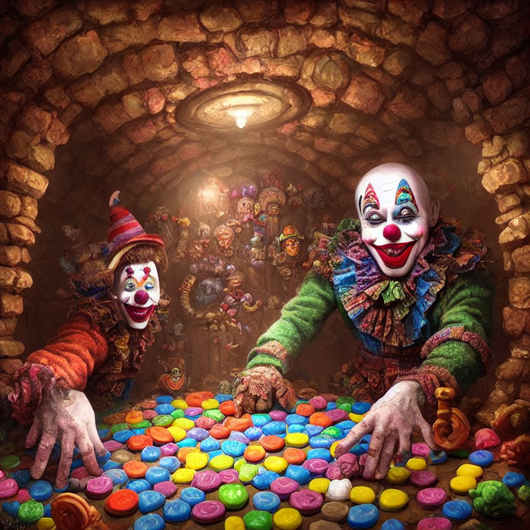 Colorful Clown Room with Exaggerated Makeup and Figurines