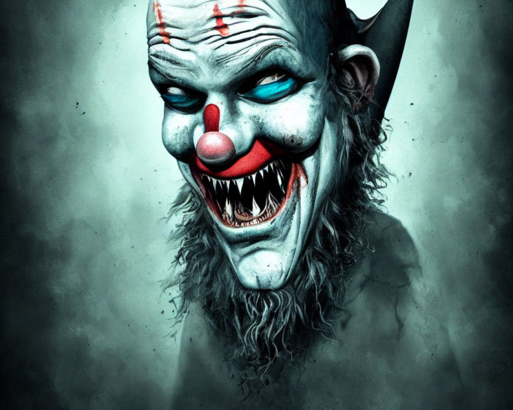 Sinister clown with sharp teeth and malevolent grin illustration