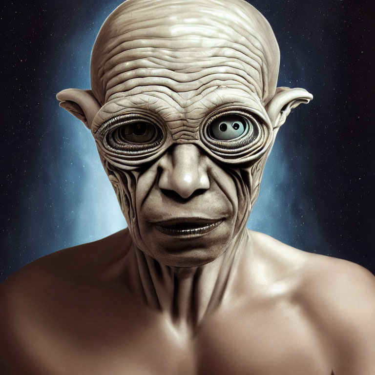 Detailed Alien Illustration with Large Green Eyes and Bald Head