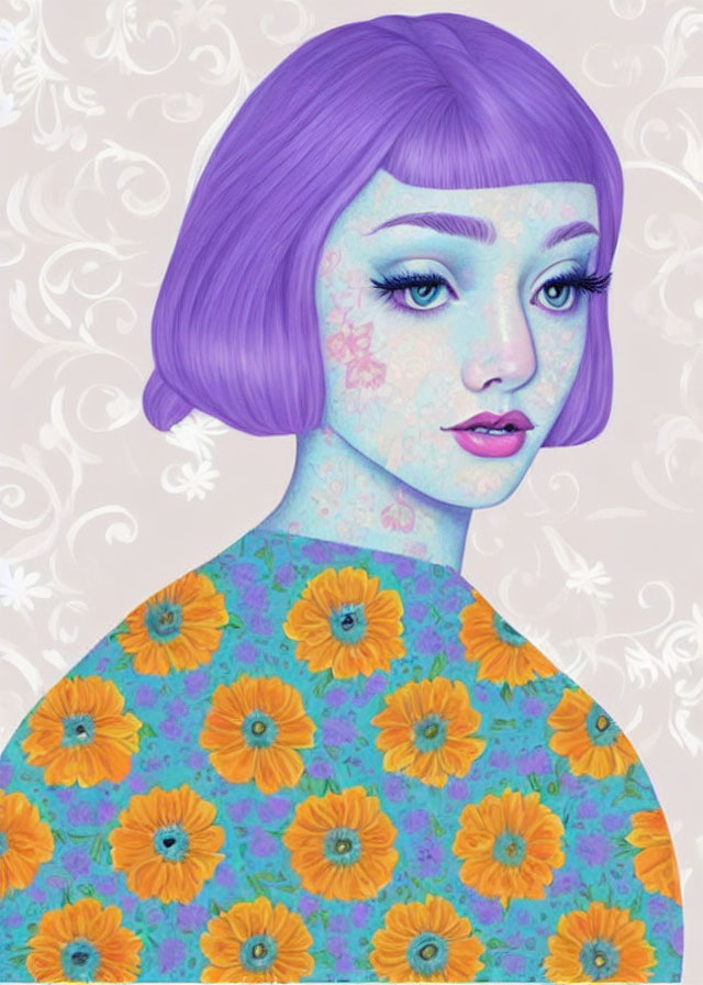 Colorful illustration of person with purple hair and floral skin pattern.