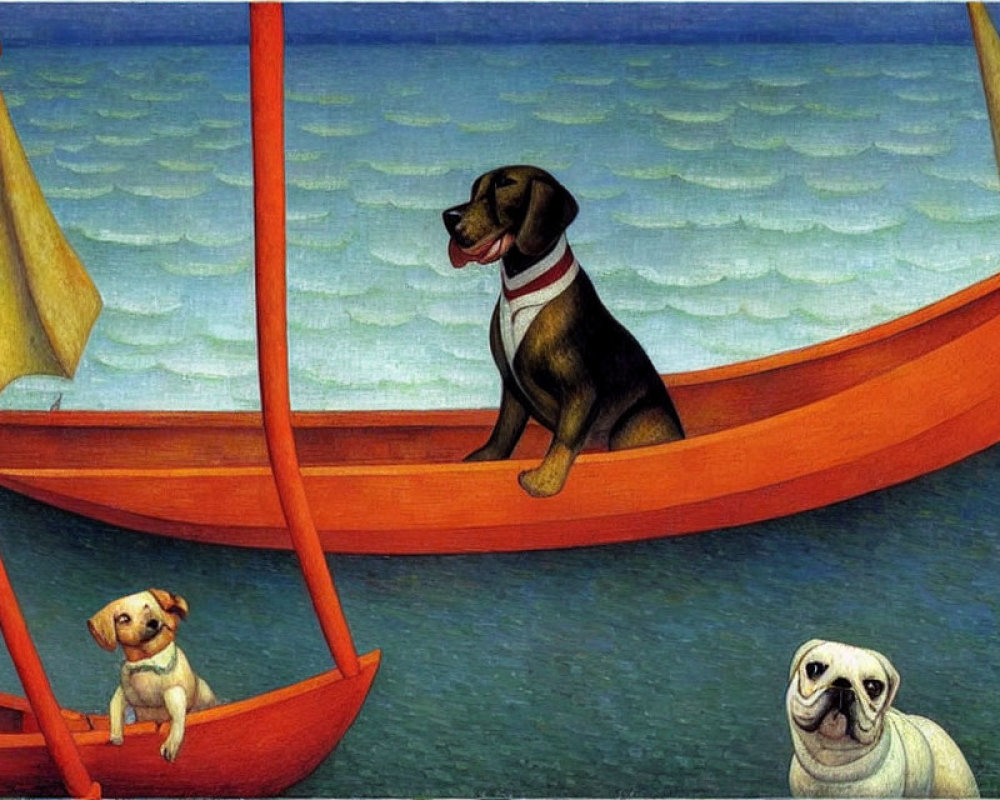 Three dogs on a red boat in blue sea with one holding a flag