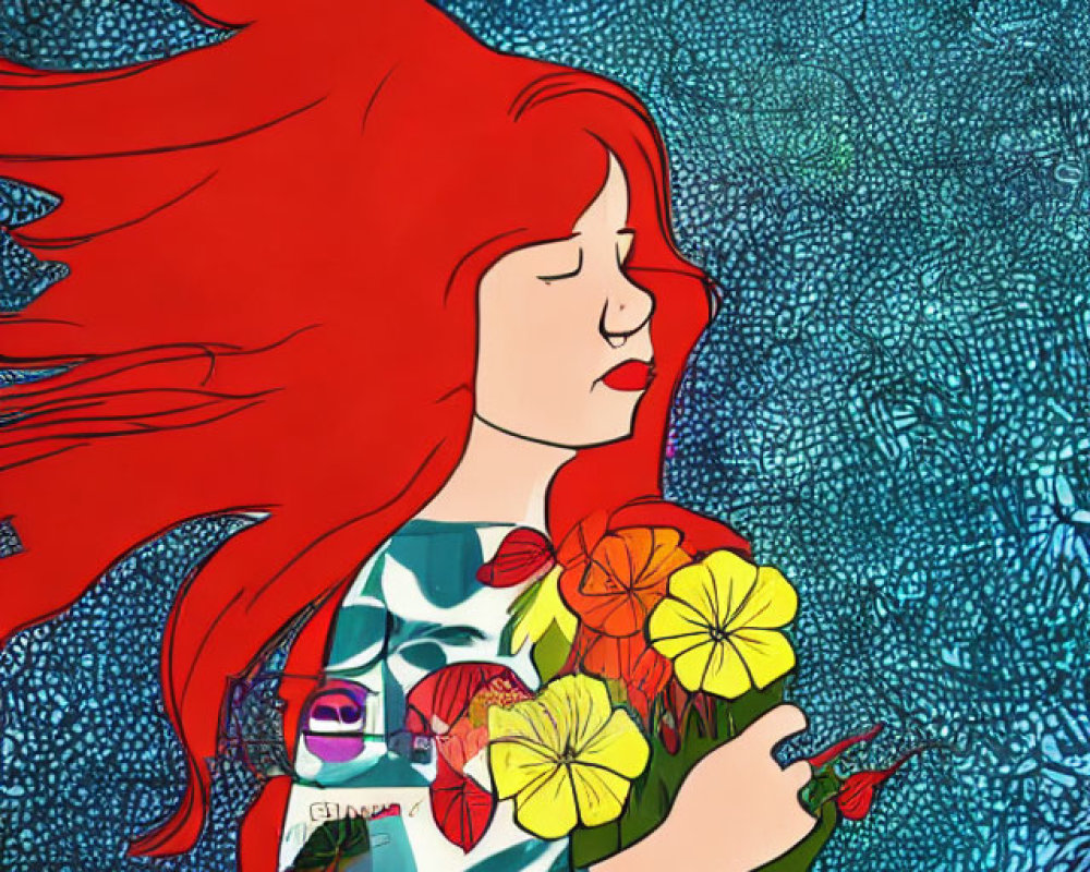 Vibrant red-haired woman with bouquet on textured blue background