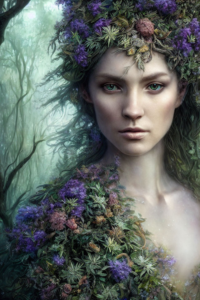 Portrait of a woman with green eyes and floral wreath in mystical forest