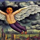 Child with large wings flying over futuristic cityscape.