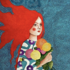 Vibrant red-haired woman with bouquet on textured blue background