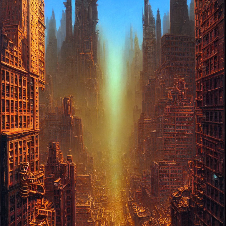 Futuristic cityscape with orange and blue tones and bright column of light