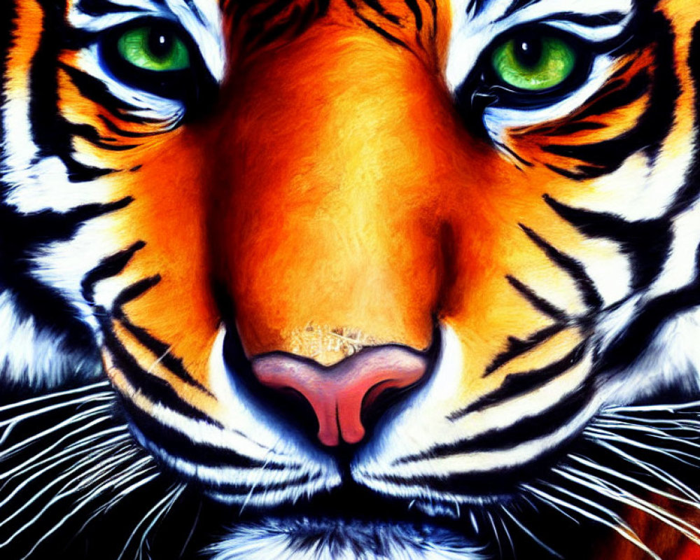 Detailed Close-Up Painting of Tiger's Face with Green Eyes