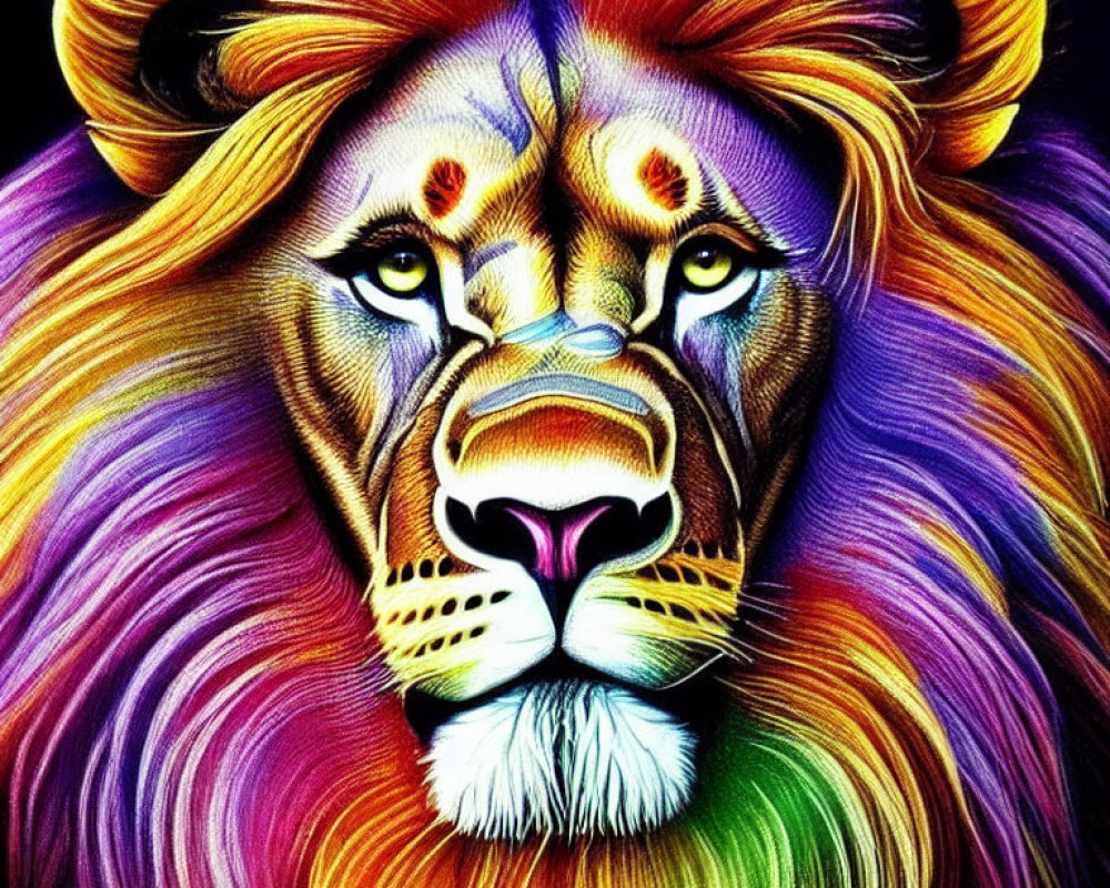 Colorful Lion Face Illustration with Purple, Yellow, and Orange Mane on Black Background