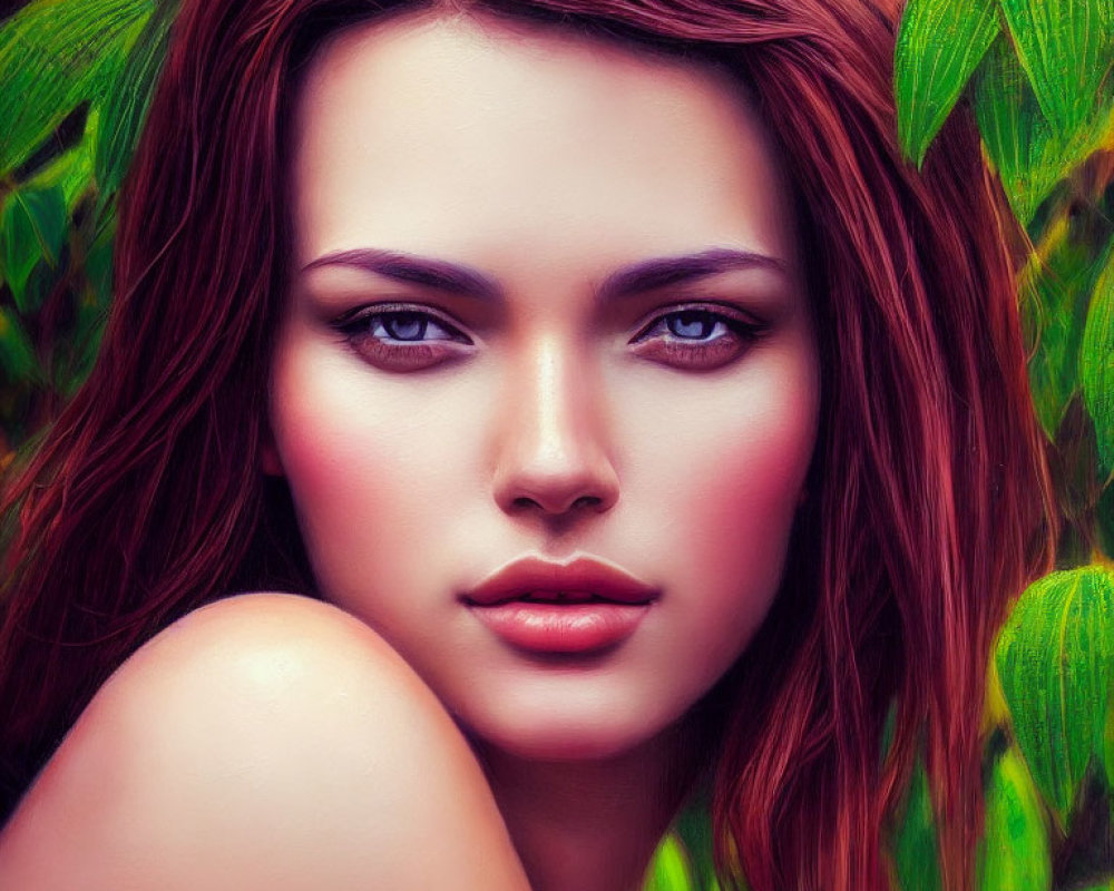 Digital painting of woman with brown hair and intense gaze, fair skin, surrounded by green leaves