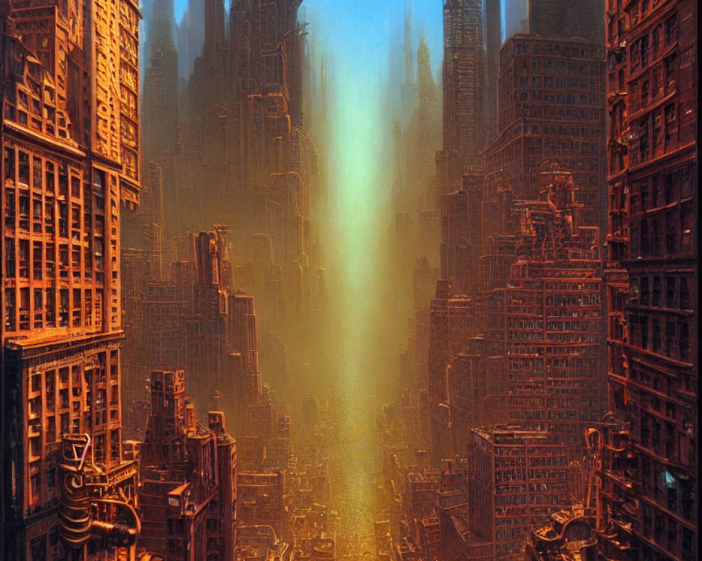 Futuristic cityscape with orange and blue tones and bright column of light