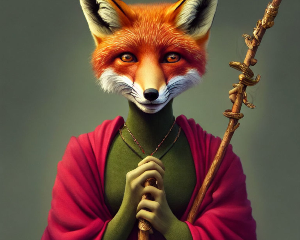 Anthropomorphic fox in red cloak with staff on muted background