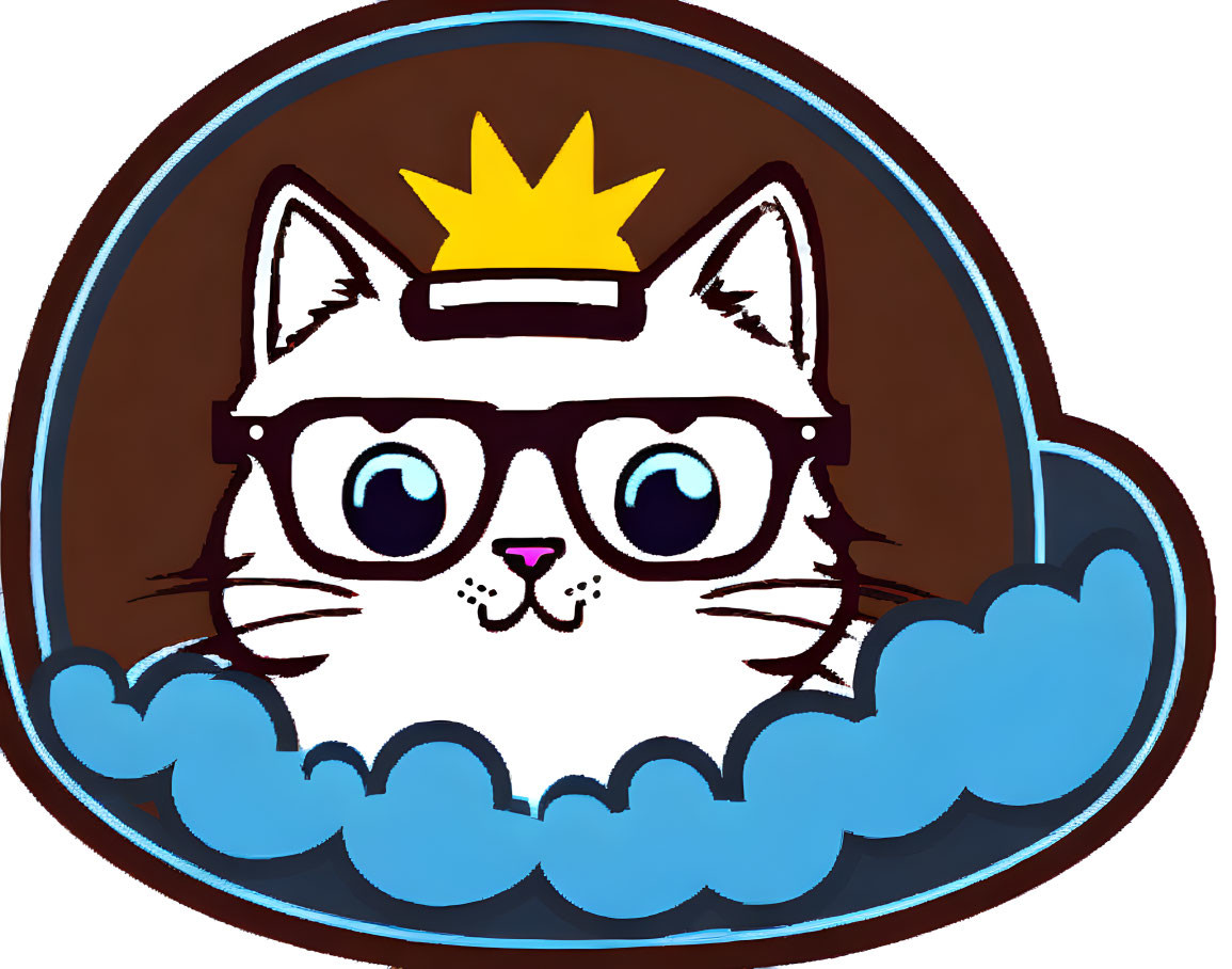 White Cat in Glasses and Crown Surrounded by Brown Outline and Blue Cloud Accents