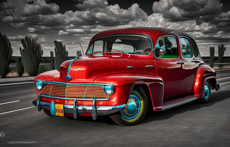 Vintage red car with chrome details driving on highway under cloudy sky