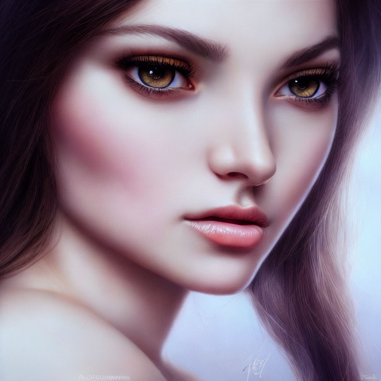 Close-up of digital artwork: Woman with brown eyes, distinct eyelashes, subtle blush, glossy lips