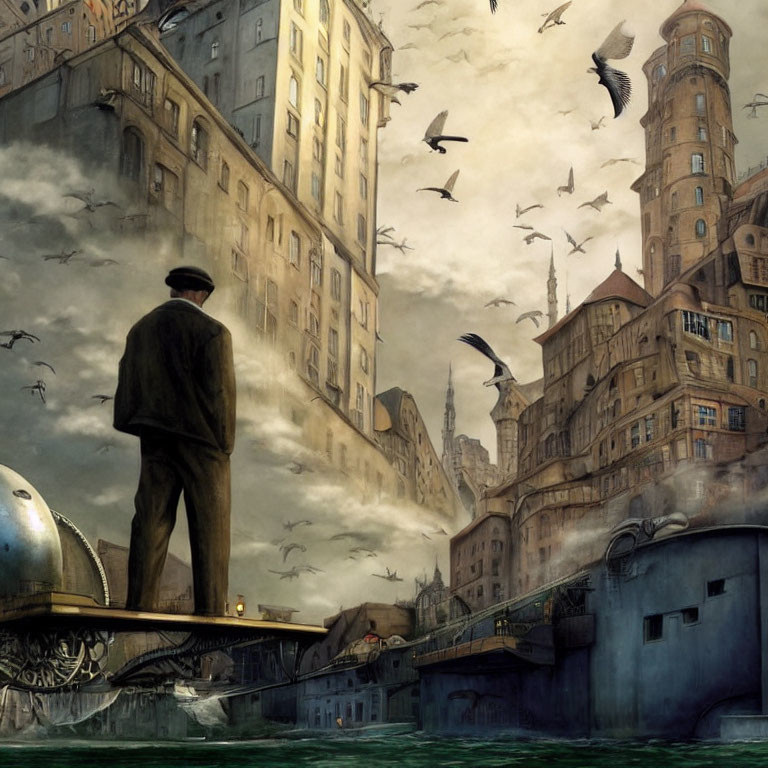 Giant man in surreal cityscape with birds and old buildings by river