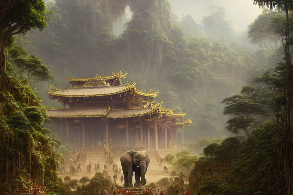 Majestic elephant in front of ancient temple in lush forest