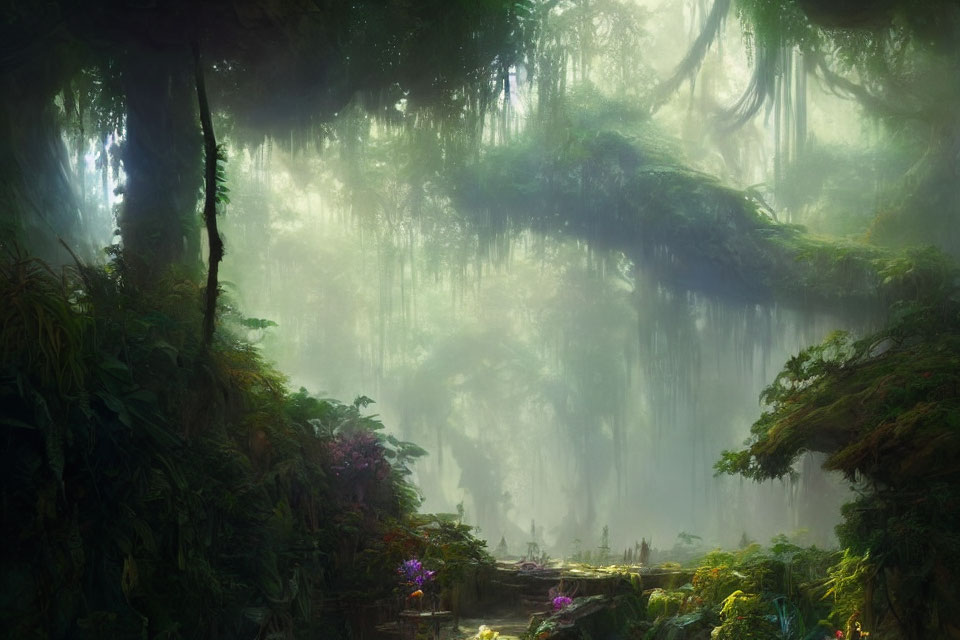 Misty forest with sunlight, lush foliage, and vibrant flowers