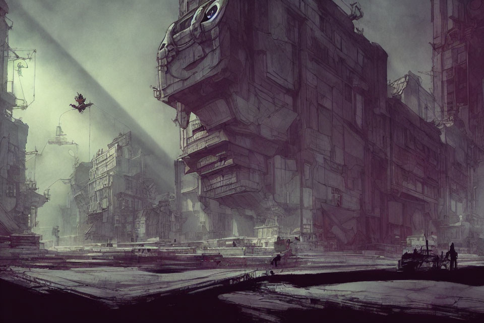 Dystopian cityscape with giant mech and jetpack figure