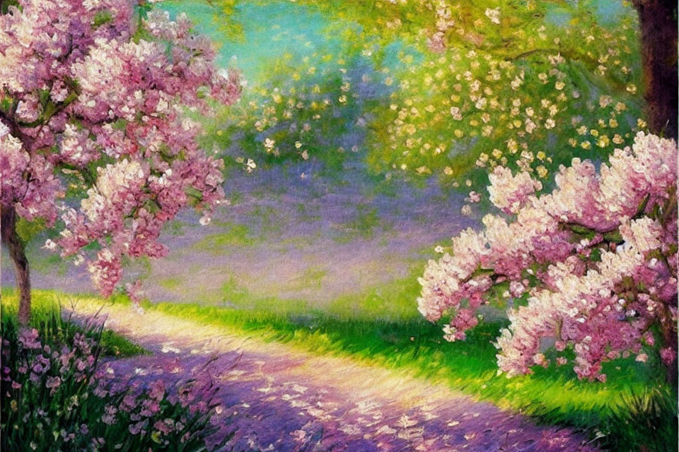 Vibrant painting of pink cherry trees in a blossoming garden