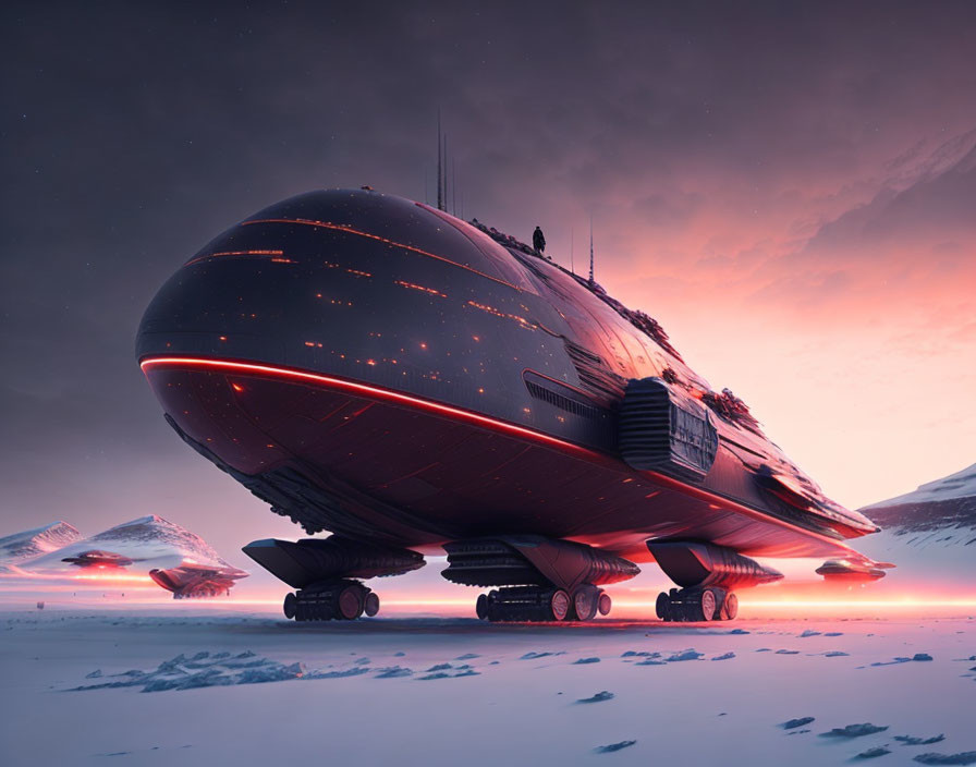 Futuristic spacecraft on snowy alien landscape at sunset