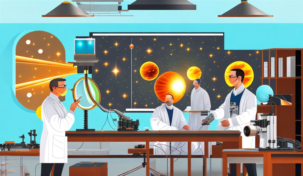 Animated scientists in space-themed lab with planets, stars, and scientific tools