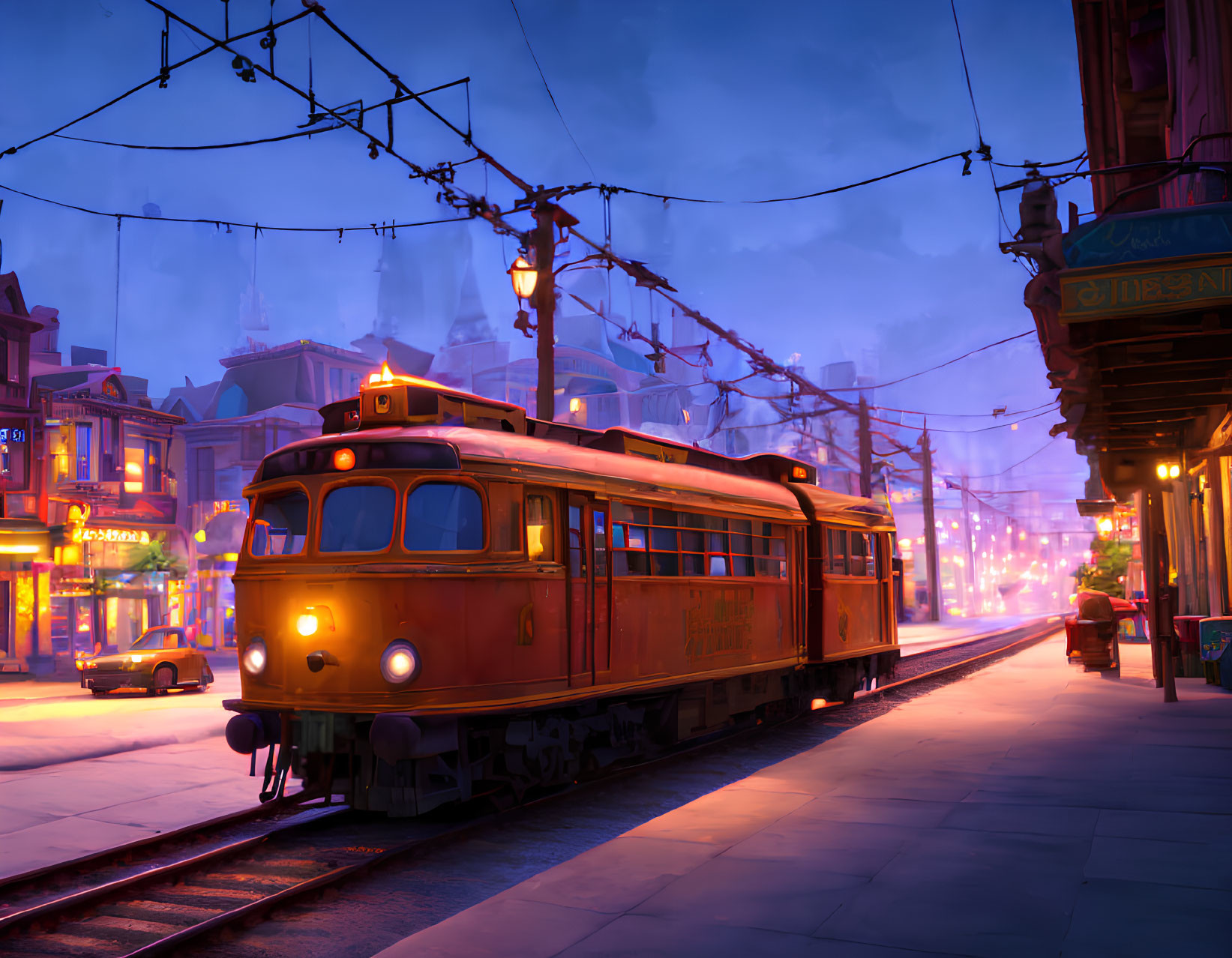 Vintage tram on quaint street at twilight