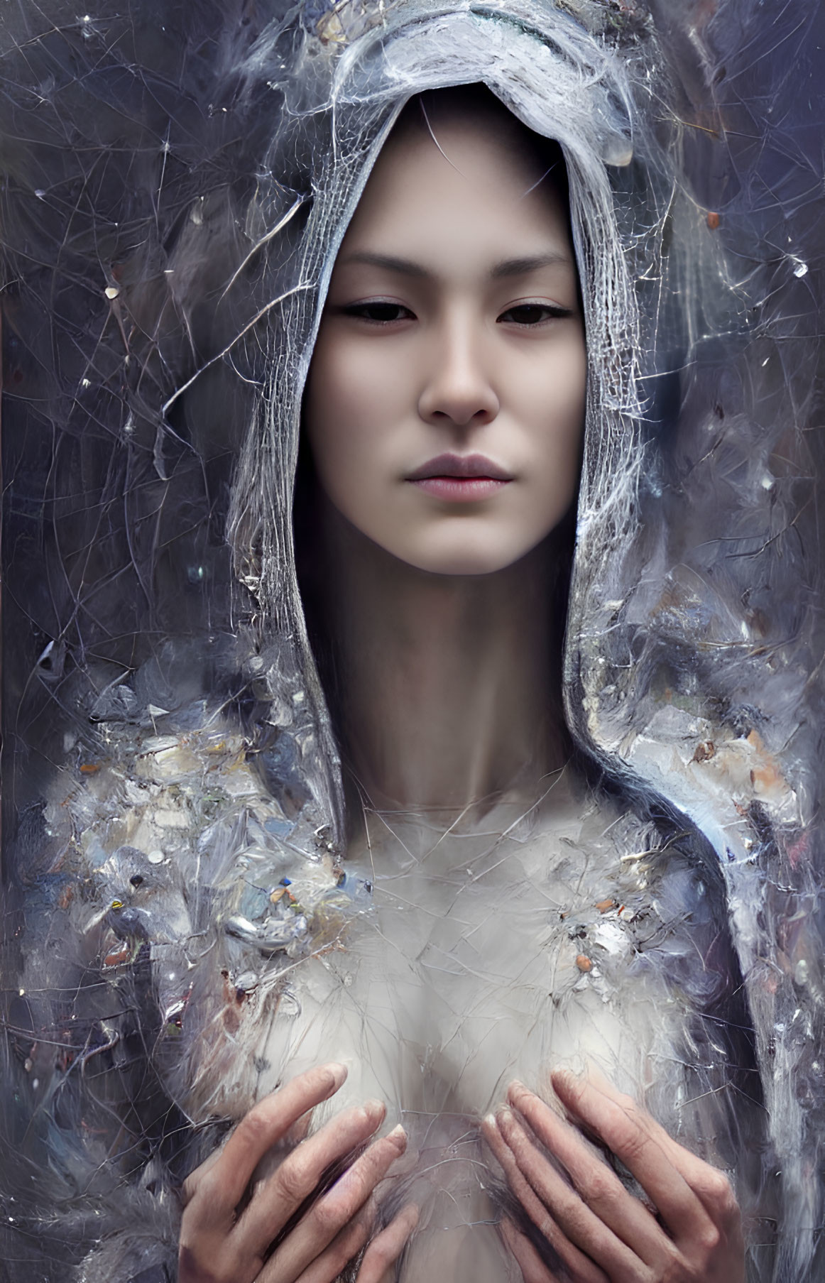 Ethereal woman portrait in translucent ice-like material