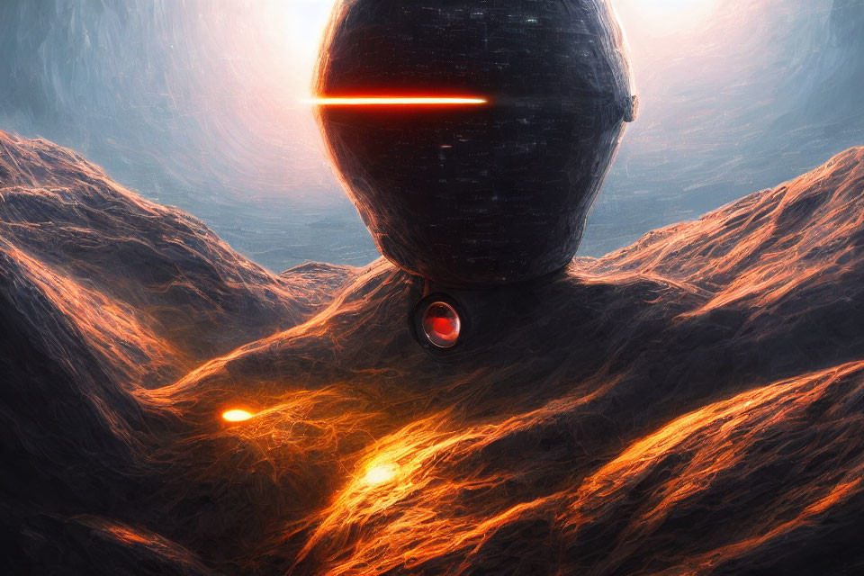 Spherical spaceship with red glowing line above fiery landscape