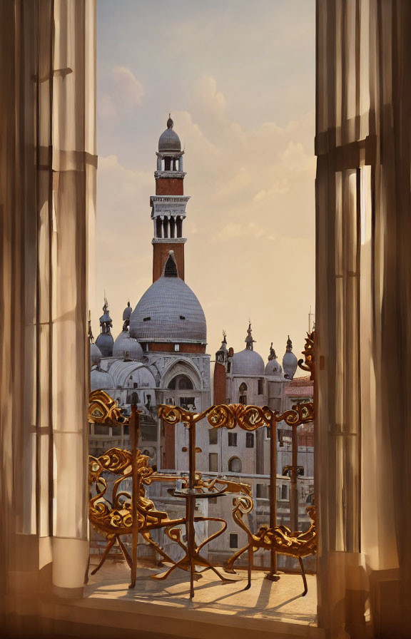 Historic domed structure with bell tower framed by elegant window.