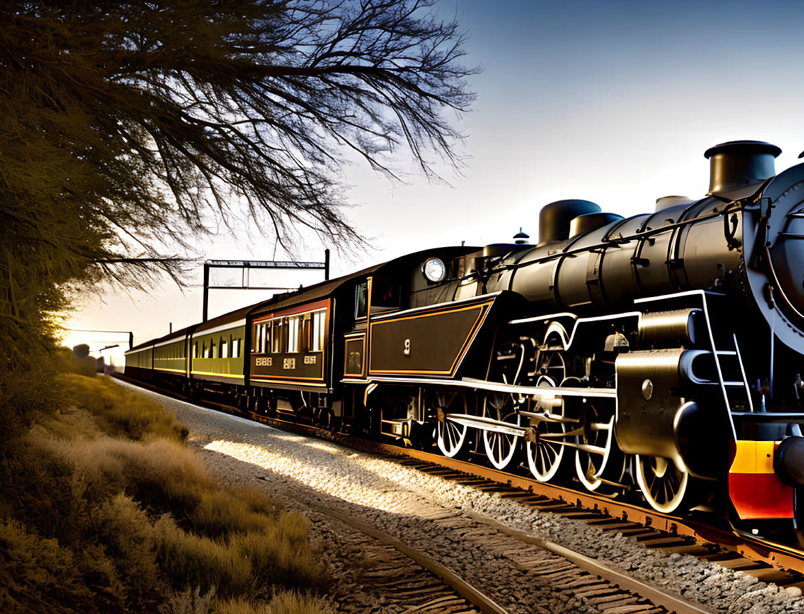 Classic Steam Locomotive Pulling Passenger Cars at Sunset