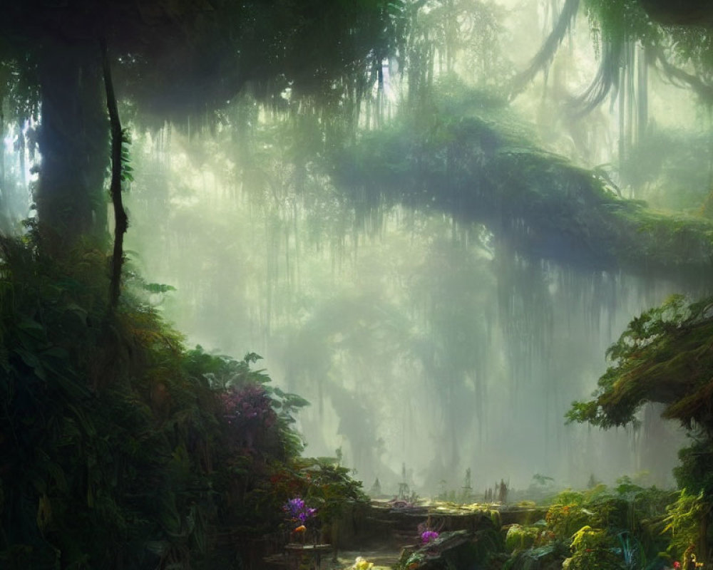 Misty forest with sunlight, lush foliage, and vibrant flowers