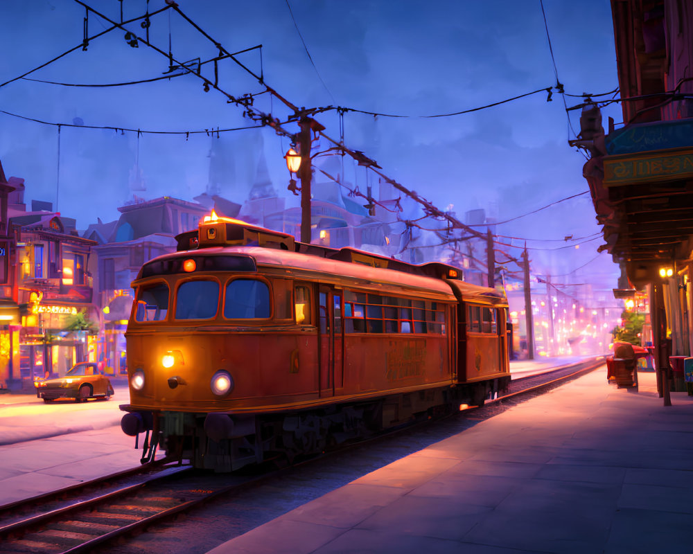 Vintage tram on quaint street at twilight