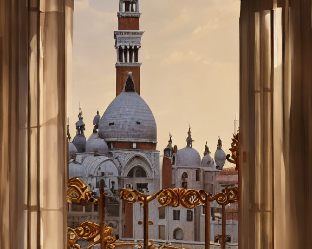 Historic domed structure with bell tower framed by elegant window.