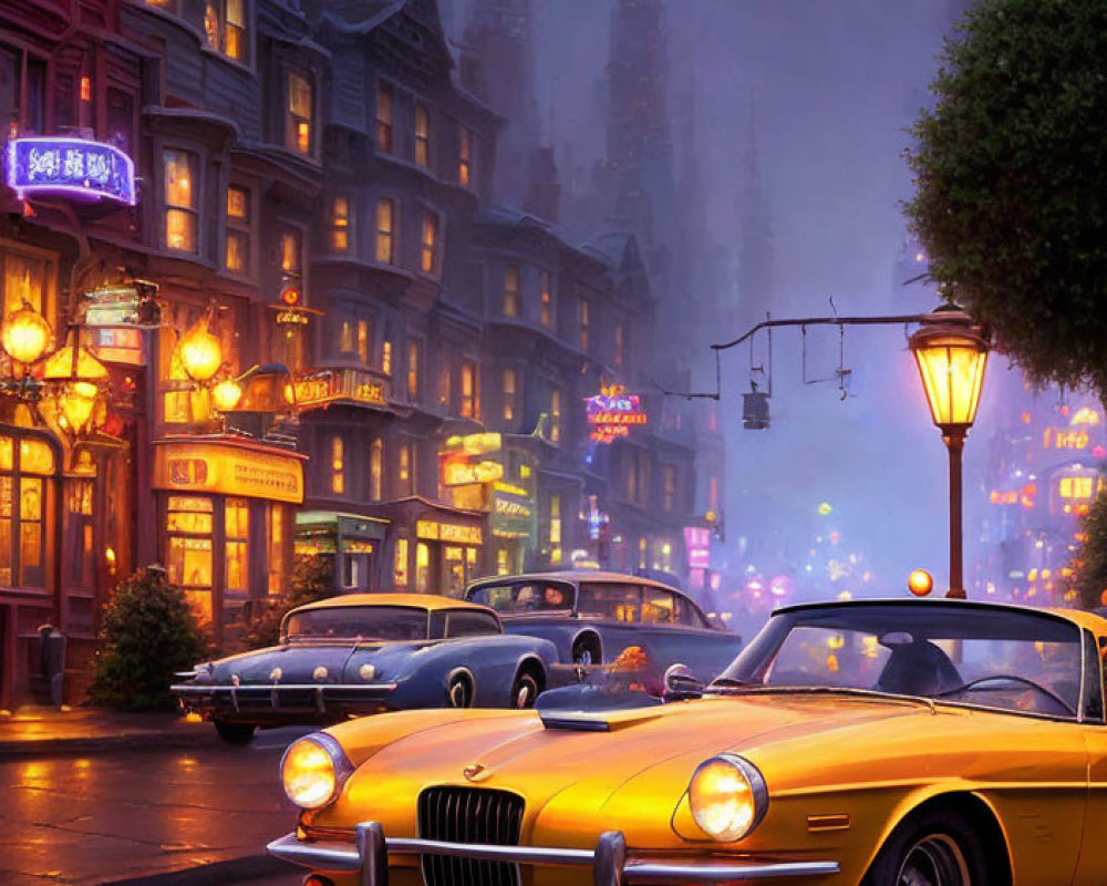 Vintage cars, illuminated signs, and Gothic-style buildings in a vibrant dusk street scene