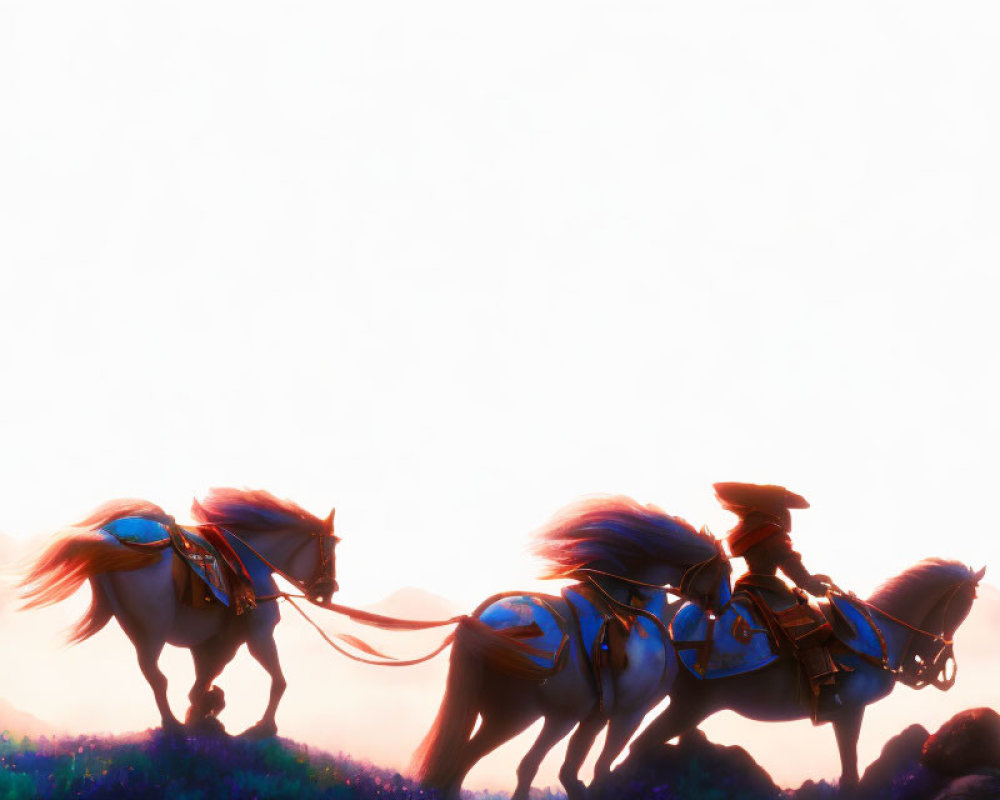 Silhouetted Person Leading Horses at Vibrant Sunset