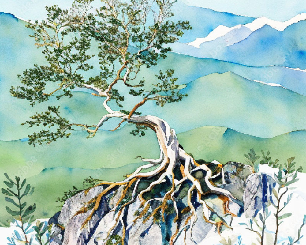 Gnarled tree watercolor painting with misty mountains.