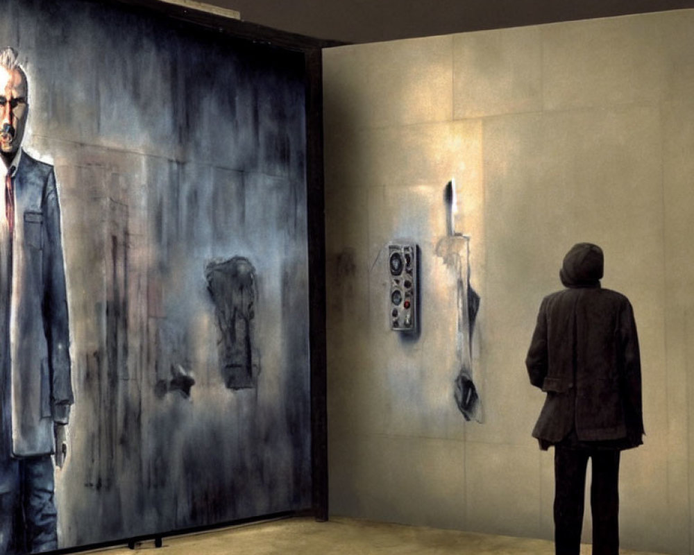 Person in Dark Coat Viewing Abstract Paintings in Dimly Lit Gallery