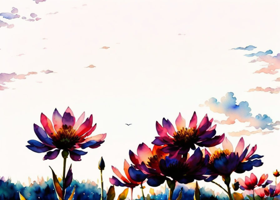 Vibrant flowers and bird in watercolor painting.