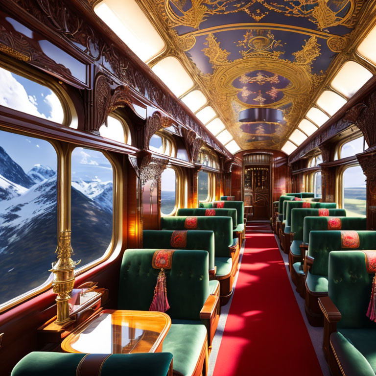 Opulent Train Interior: Green Seats, Wood Panels, Golden Ceiling, Mountain Views