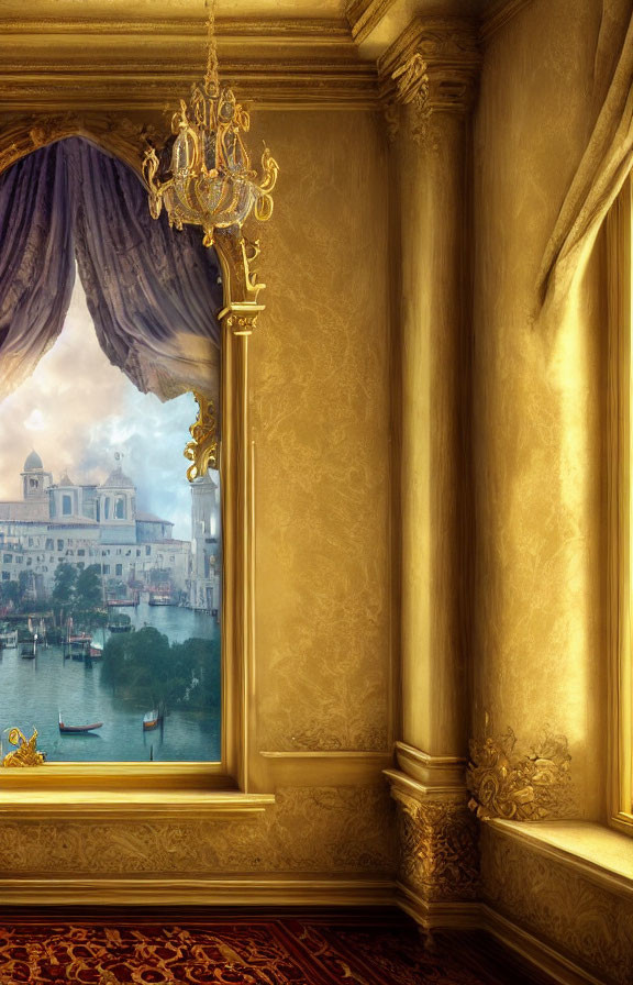 Luxurious Room with Lavish Chandelier, Golden Walls, and Canal View